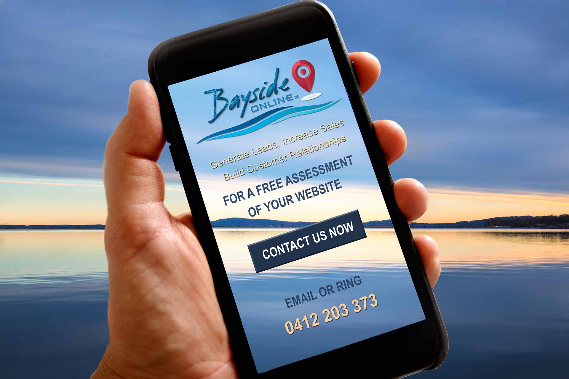 Bayside Online mobile screen display offering a free assessment of your website when you CONTACT US